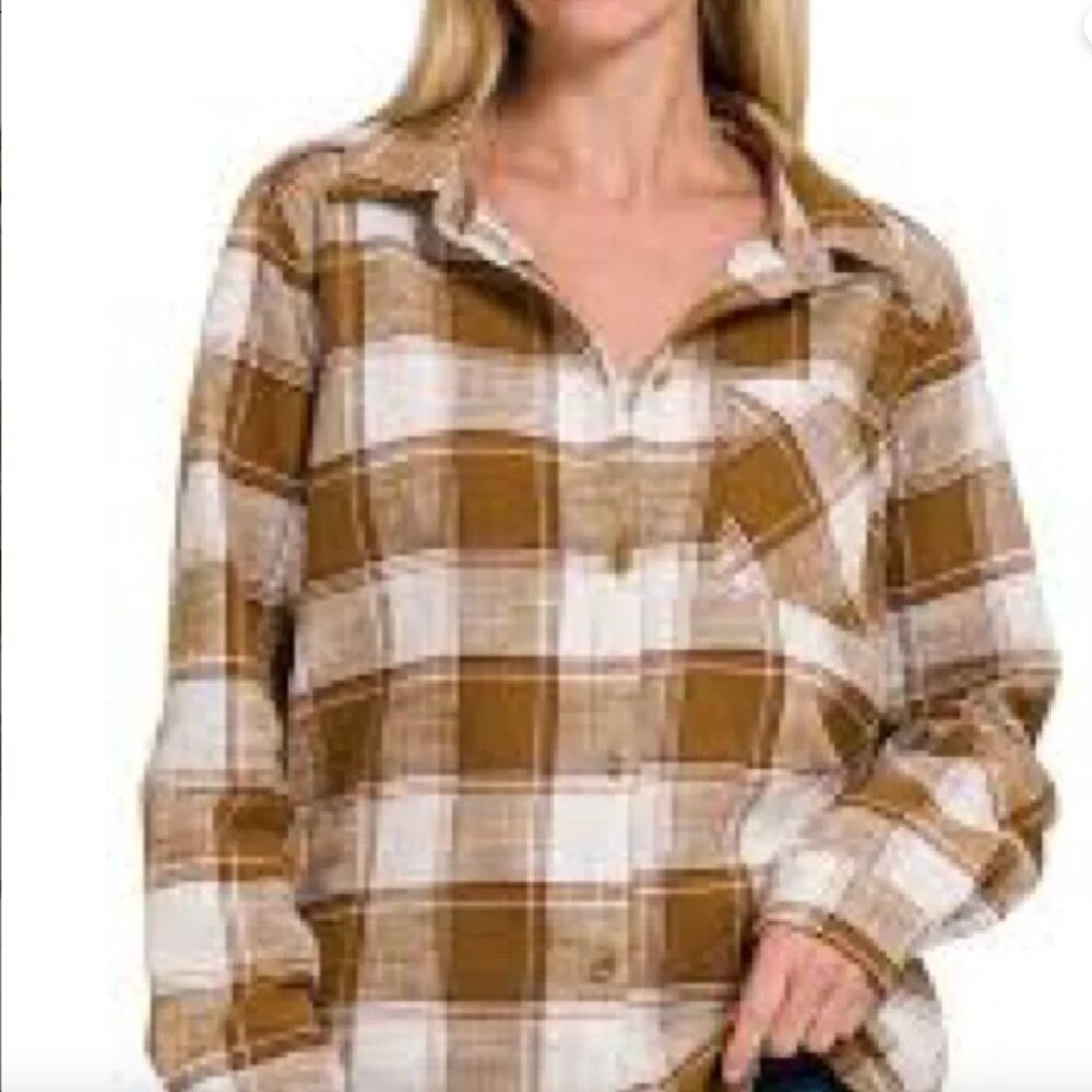 Zenana Camel Plaid Button-Up Flannel Shirt Size LARGE NEW